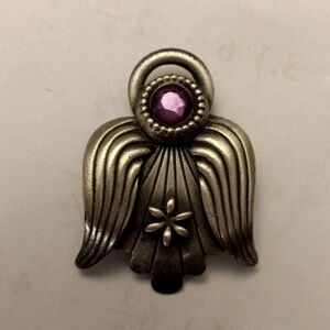 Kenneth Cole Vintage Pewter Christmas Holiday Angel Brooch Pin w/Purple Stone